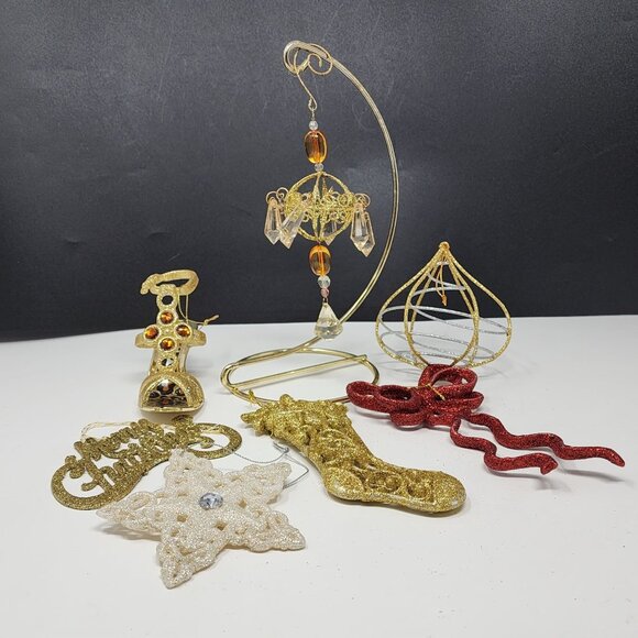 Glitter Plastic Metal Ornament Lot of 7 Chandelier Star Bow Stocking Shoe VTG - Picture 2 of 7